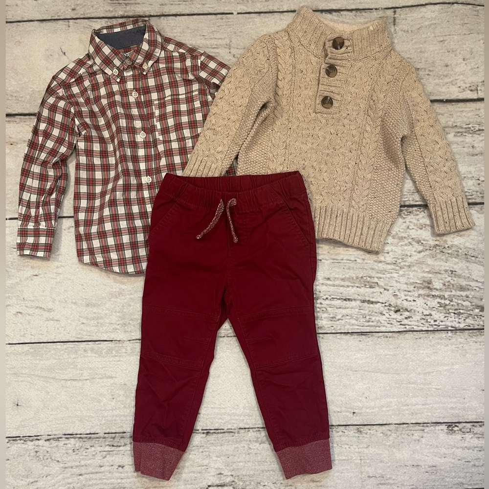 2t bundle sweater, button down shirt, and red pants